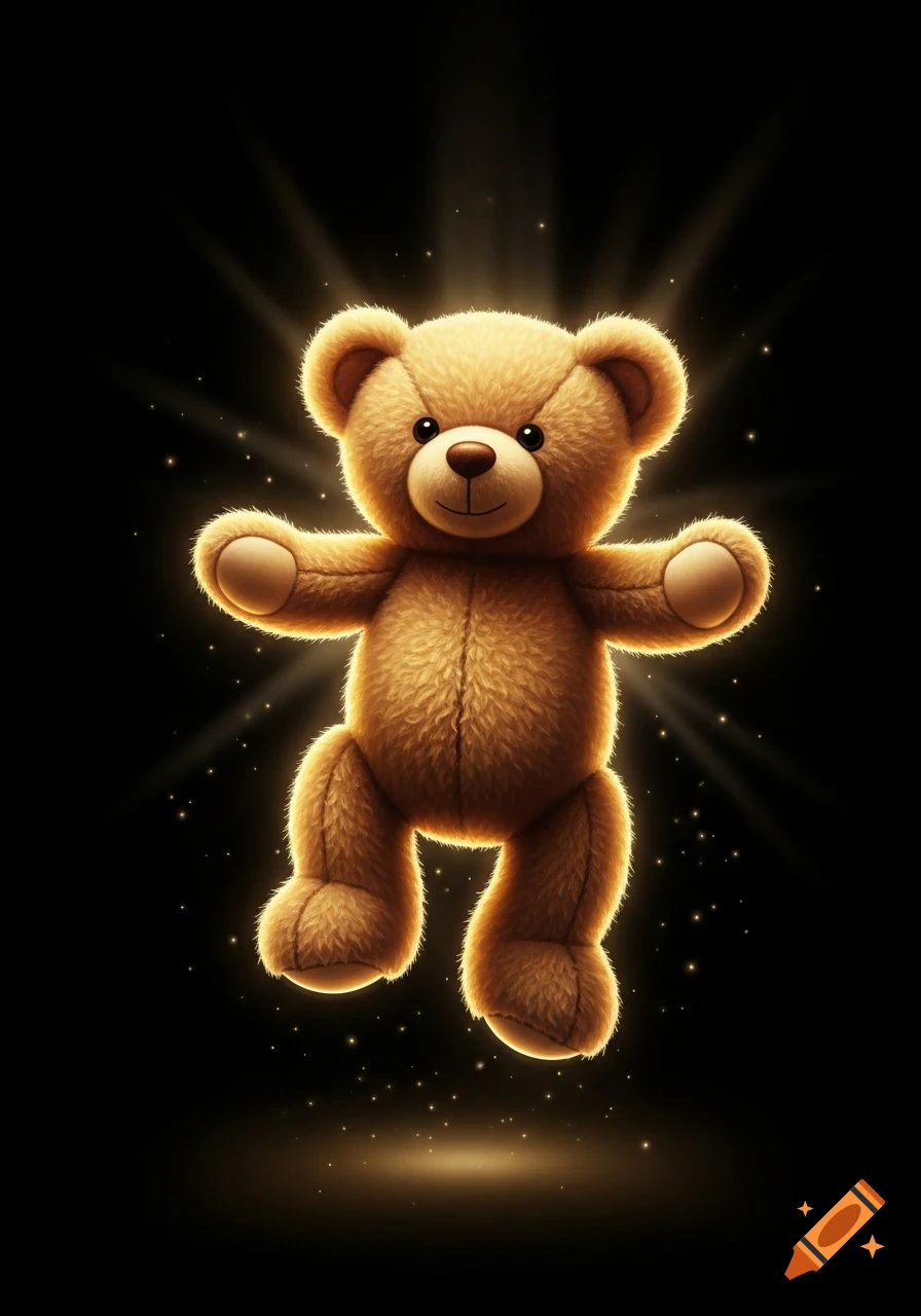 A fluffy brown teddy bear with a friendly face levitating on a dark background, surrounded by golden glowing particles and light rays.