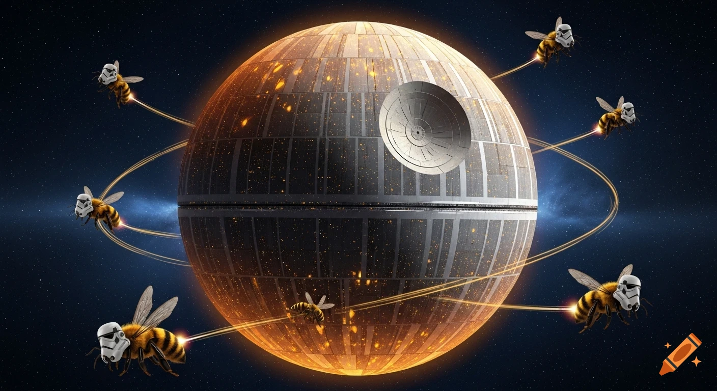 A golden Death Star resembling a beehive in space, surrounded by six bees wearing Stormtrooper helmets and leaving orange trails.