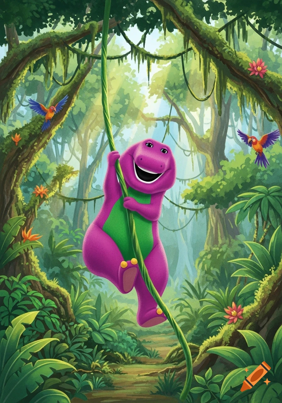Barney, the purple dinosaur, joyfully swings from a long green vine in a lush, vibrant jungle with colorful parrots flying.