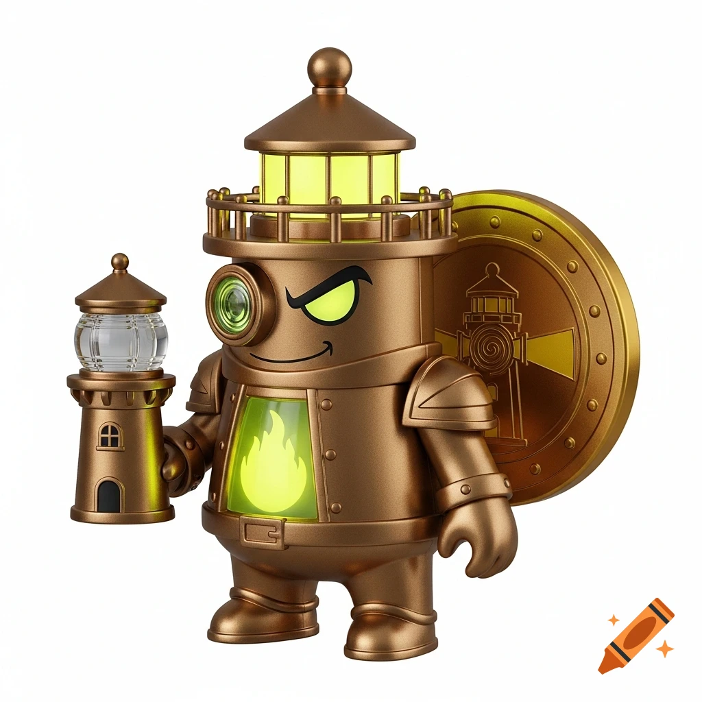 A glossy gold anthropomorphic lighthouse toy figure with glowing green eyes and chest, holding a small lighthouse, against a white background.