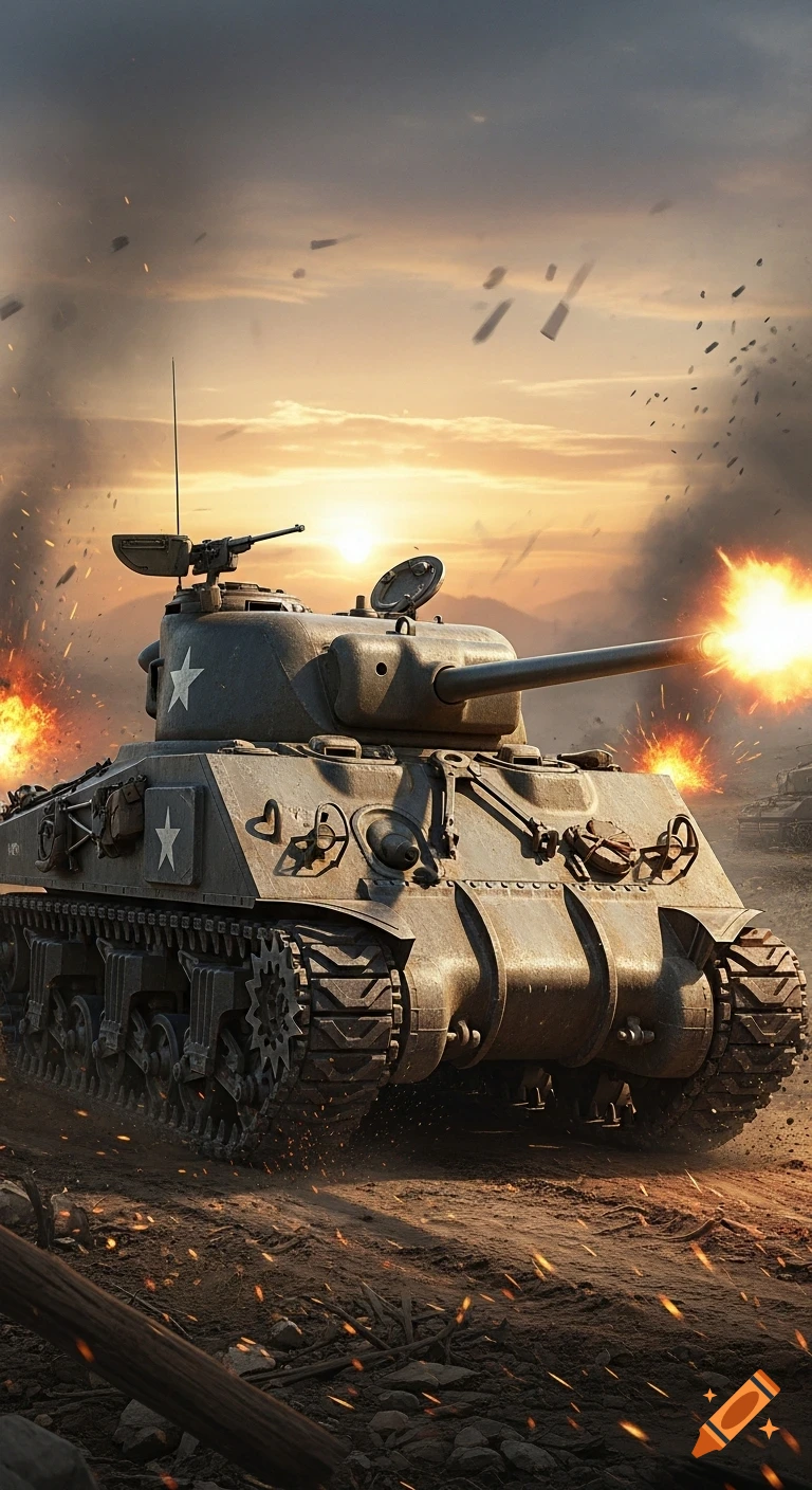 Photorealistic image of a Sherman tank firing its cannon on a smoky battlefield at sunset, with debris flying.
