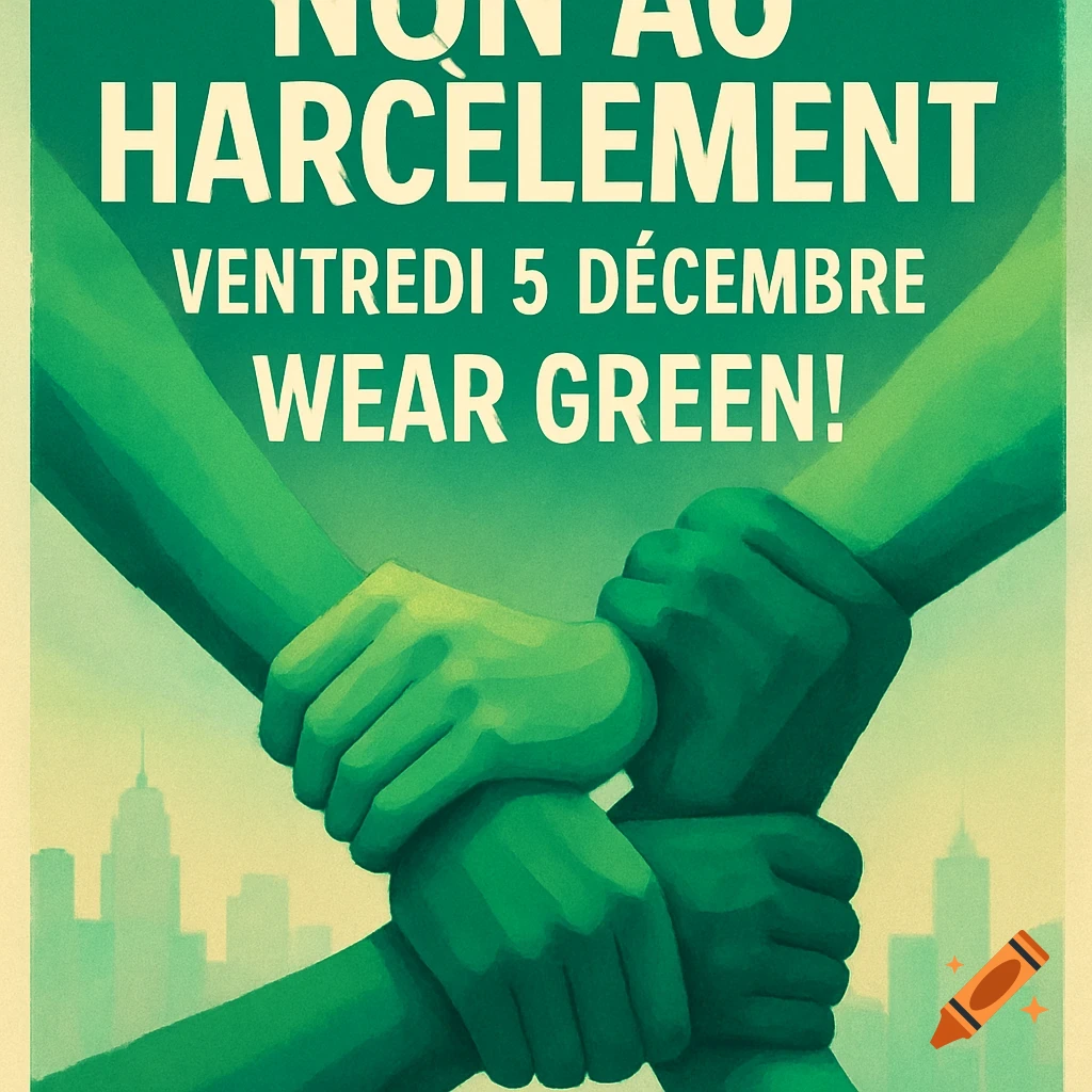 A green-toned graphic poster showing four hands clasped together, with a cityscape silhouette below. Text reads "NON AU HARC\u00c8LEMENT VENDREDI 5 D C MBRE WEAR GREEN!"