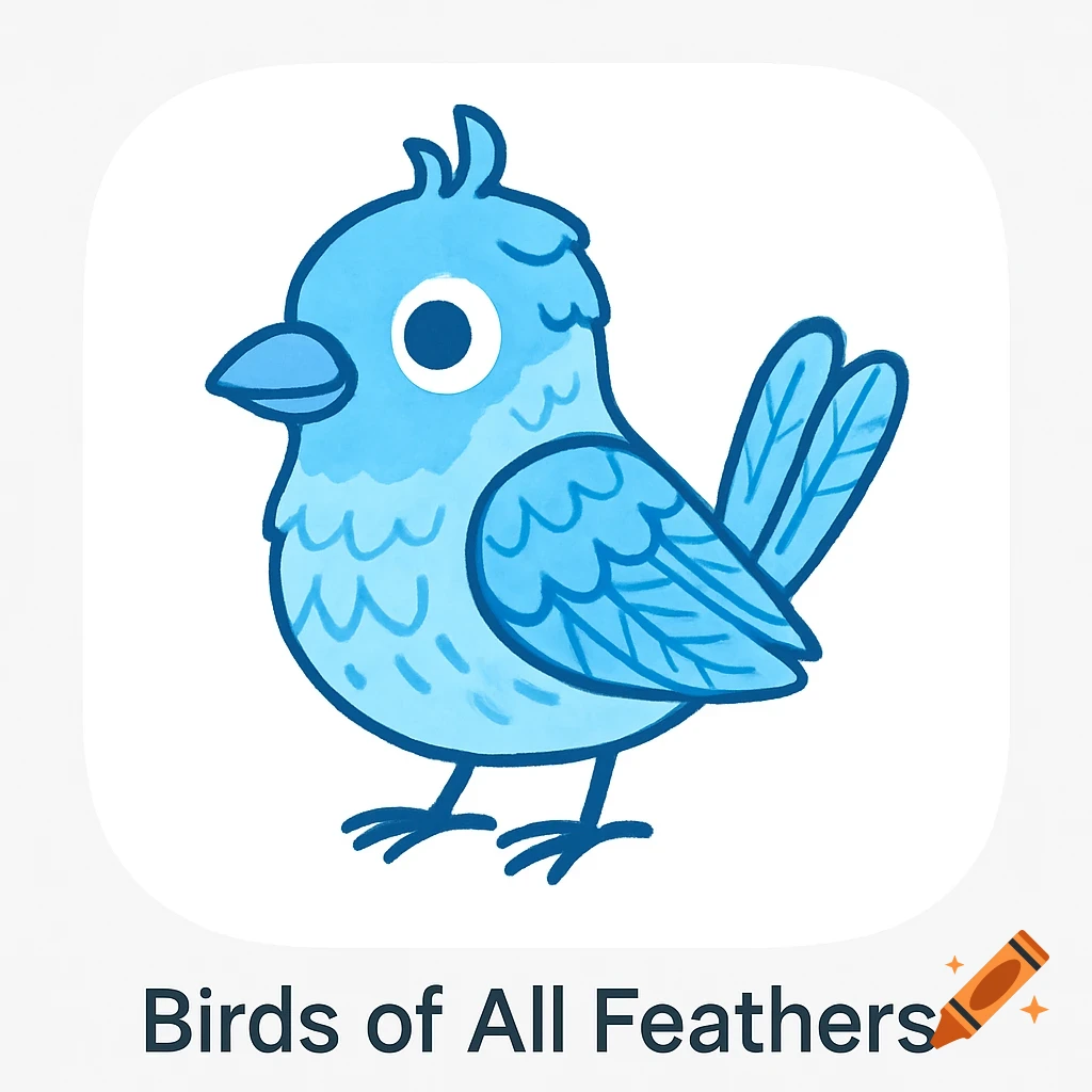 A cute sky blue cartoon bird on a white background, designed as an app icon, with the text 'Birds of All Feathers'.