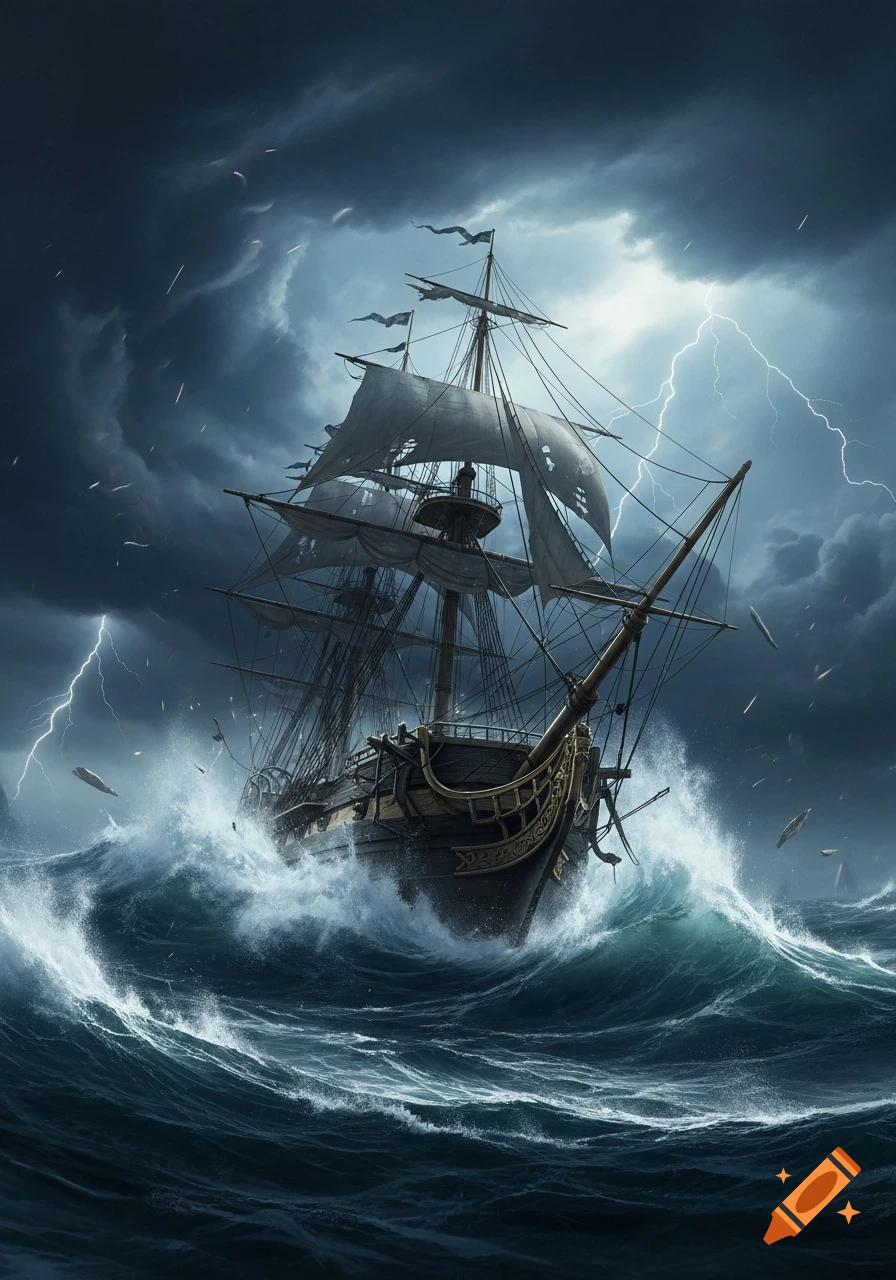 A large sailing ship with tattered sails rides through a violent sea storm with huge waves and lightning in the dark sky.