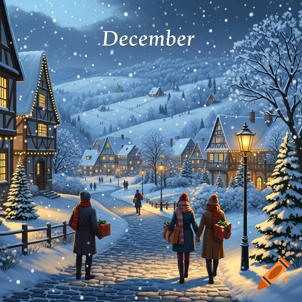 A snowy winter village scene at dusk with people walking along a cobblestone path past illuminated houses and snow-covered trees, with "December" written in the sky.