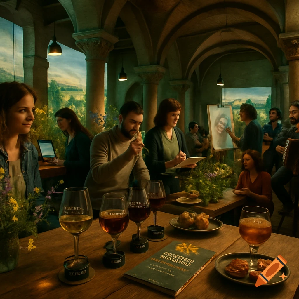 People attending an immersive sensory event in a columned hall, with wine glasses, tapas, a live painter, and projected landscapes.