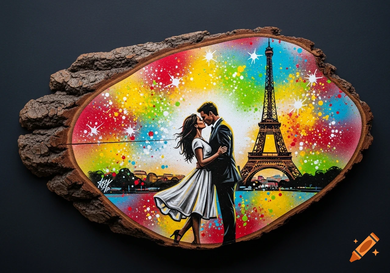 A vibrant spray paint art on a rustic wood slice shows a couple kissing in front of the Eiffel Tower, surrounded by colorful splatters.