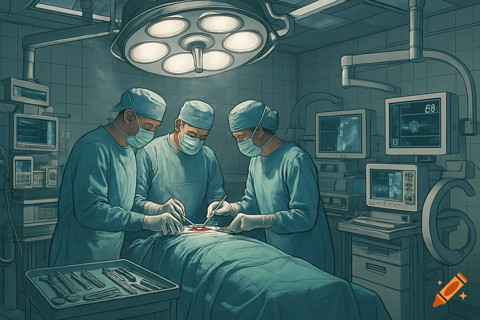 Three surgeons in teal scrubs and masks performing an operation under a bright surgical light in an operating room.