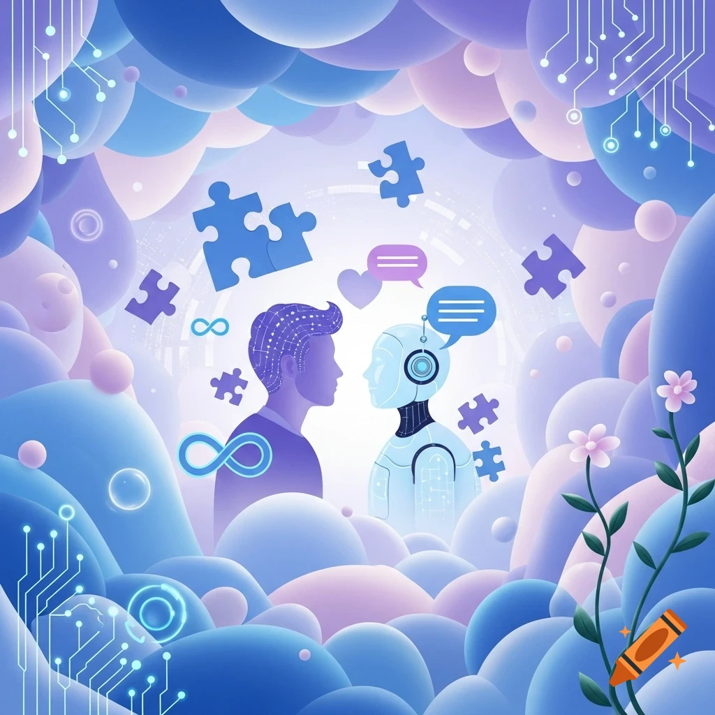 Stylized digital art of a human and robot facing each other amidst blue and purple clouds, puzzle pieces, and circuit patterns.