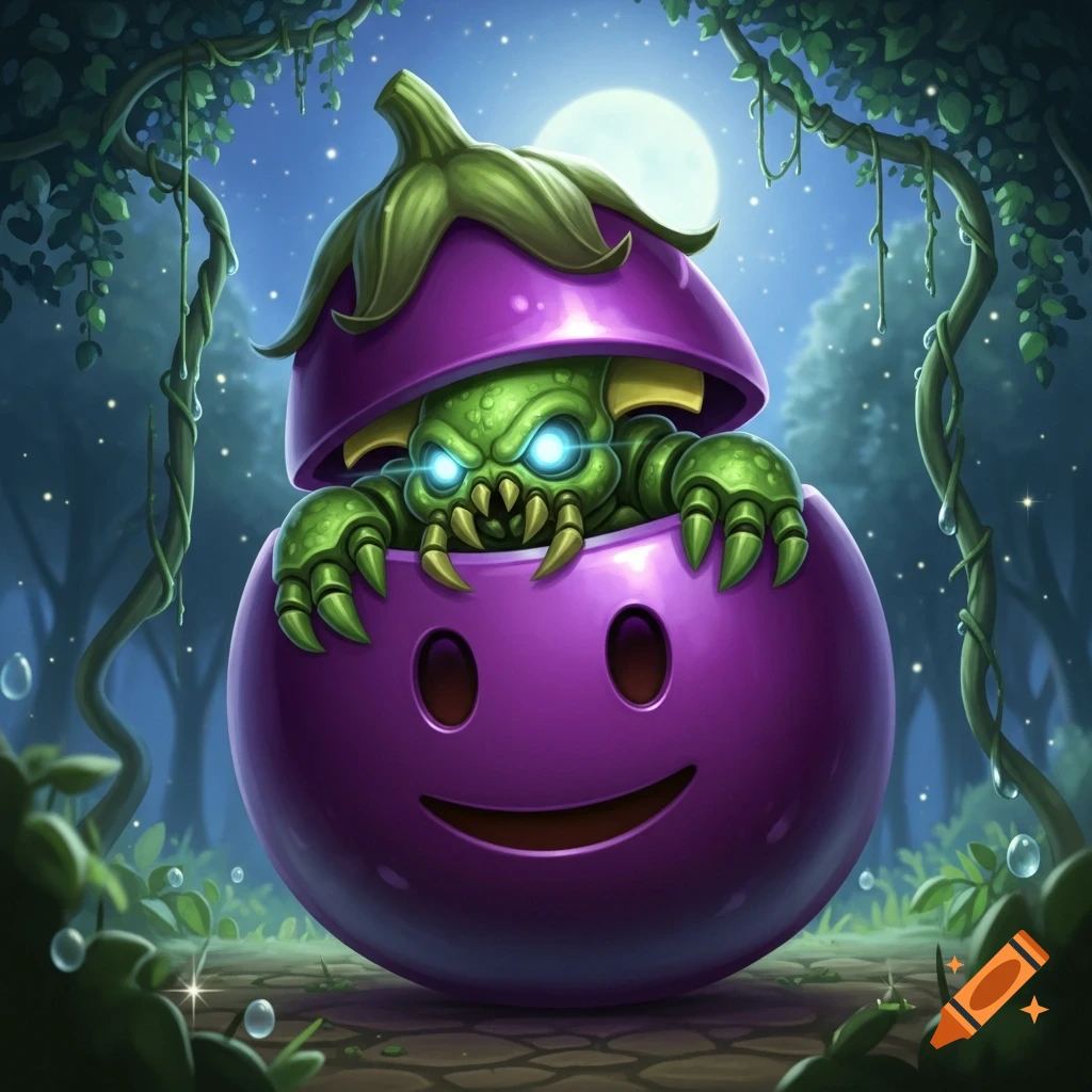 A menacing green baneling-like creature with glowing blue eyes bursts from a purple eggplant emoji in a magical forest at night, under a full moon.