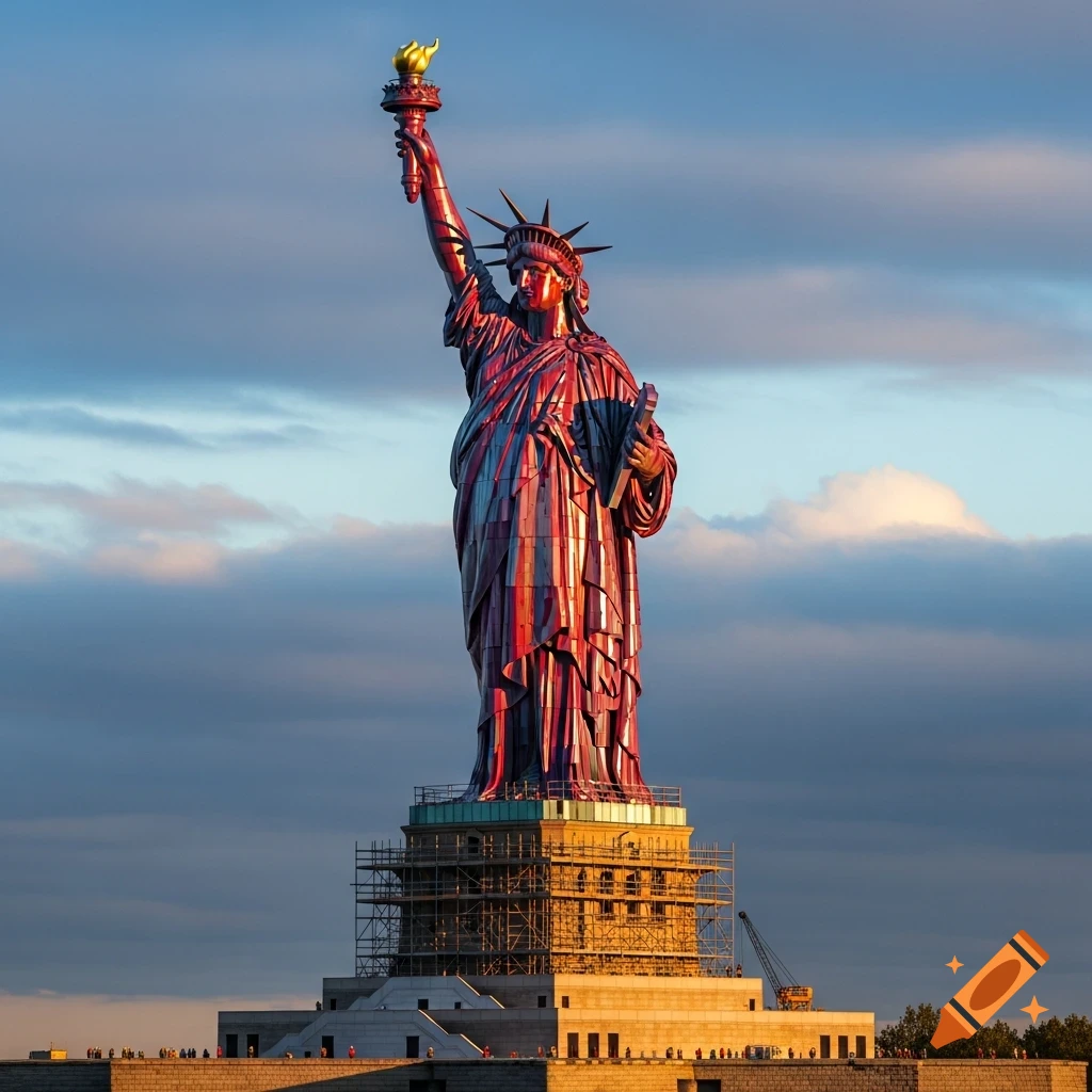 Red metallic Statue of Liberty with scaffolding at its base, against a dramatic, cloudy sky.
