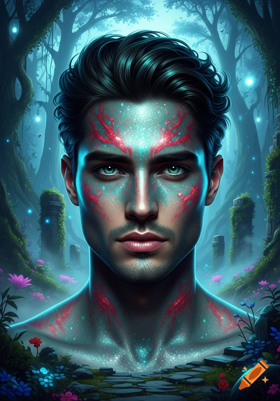 A handsome man with glowing teal skin and red patterns on his face and chest, with bright green eyes, in a mystical, foggy forest with glowing flora.