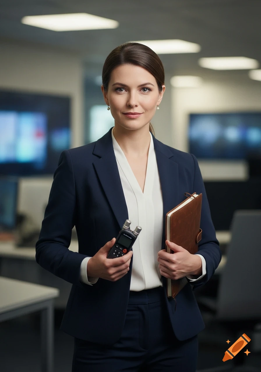 A professional woman in a navy suit and white blouse holds a digital recorder and notebook in a modern newsroom.