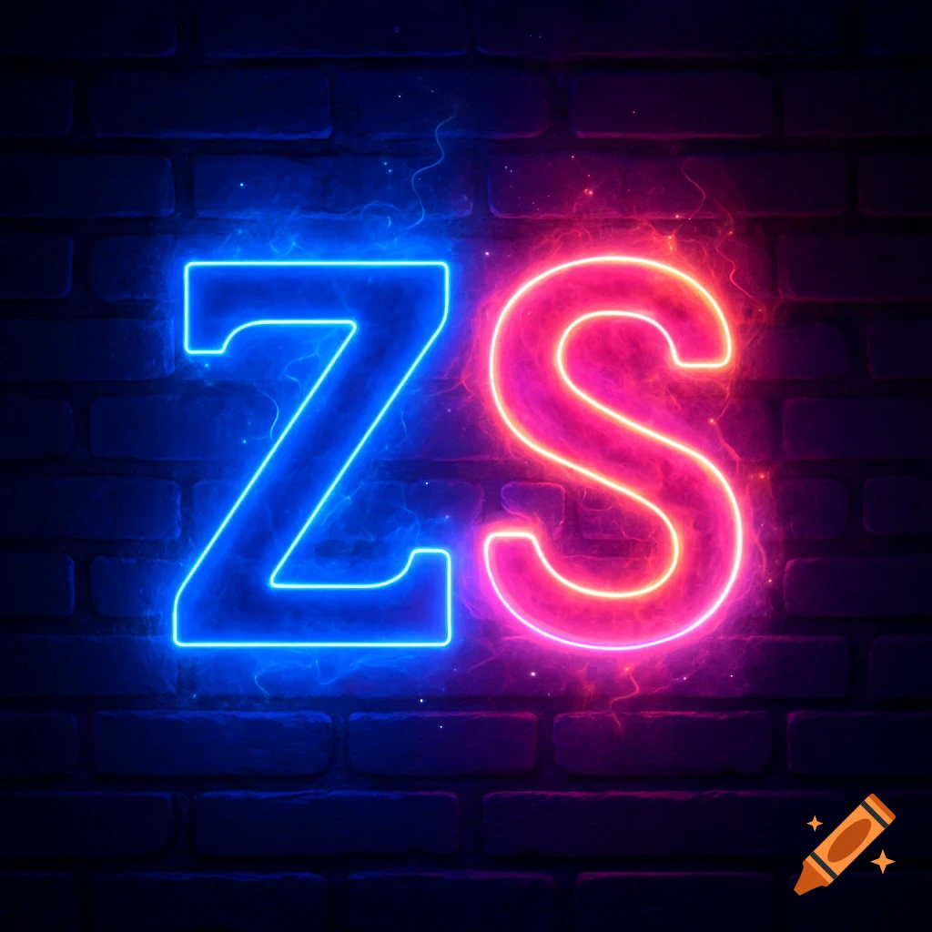 Neon blue 'Z' and pink 'S' letters glow with magical effects against a dark brick wall.