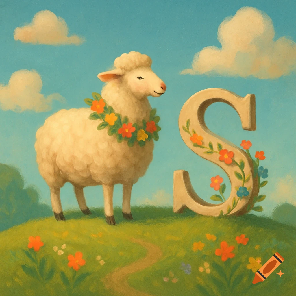An illustration of a cute sheep wearing a floral wreath next to a large, flower-decorated letter S on a grassy hill.