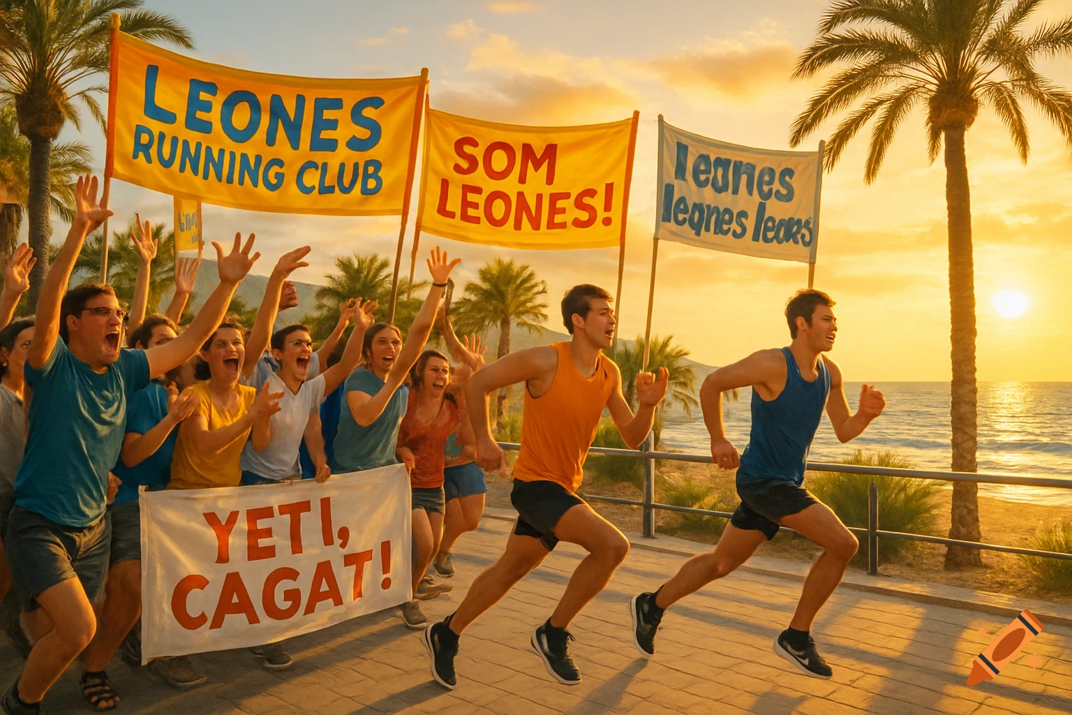 Photorealistic image of two male runners on a beach promenade at sunset, cheered on by a crowd holding banners.