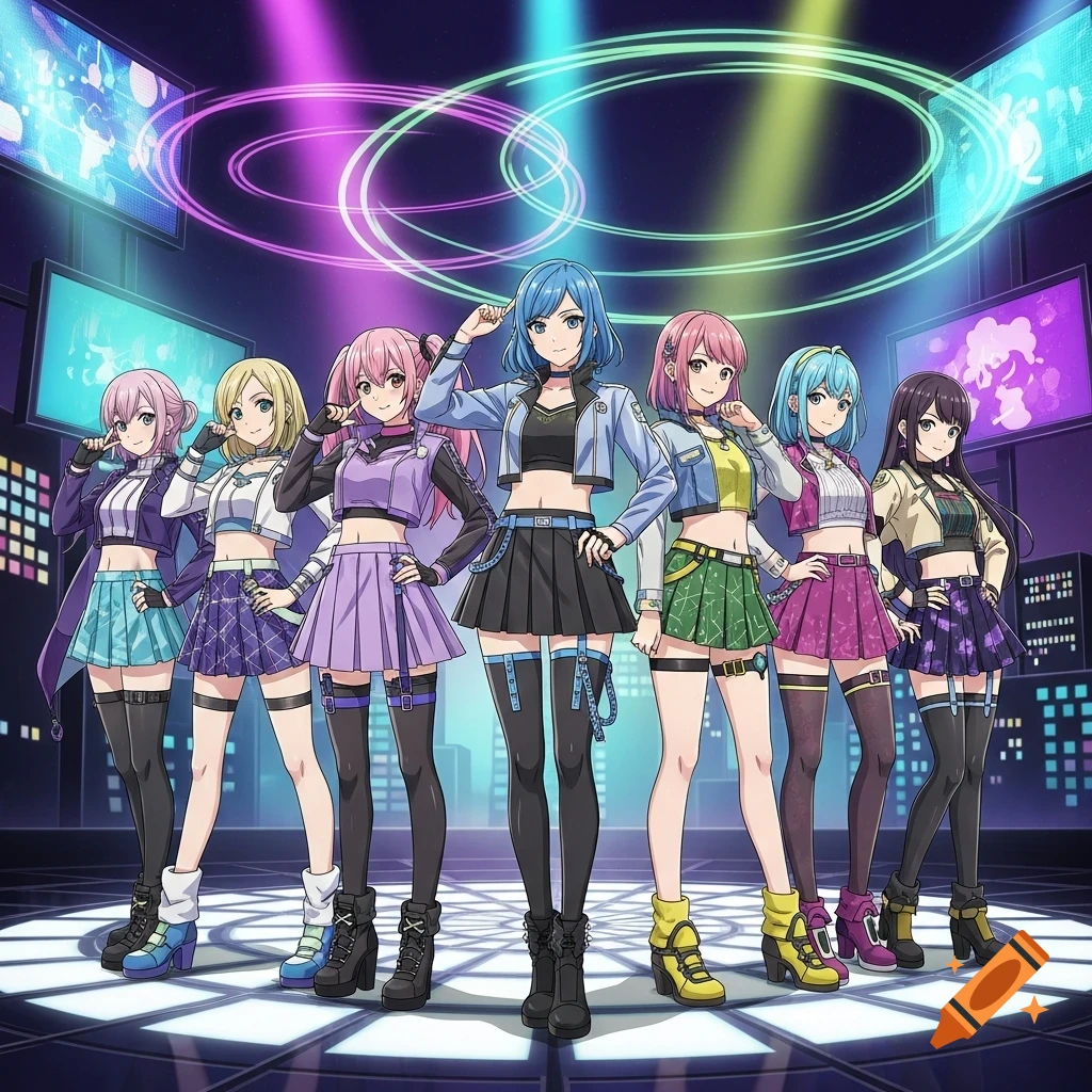 Seven anime-style female characters in colorful K-pop stage outfits stand on a futuristic stage with neon lights and screens.