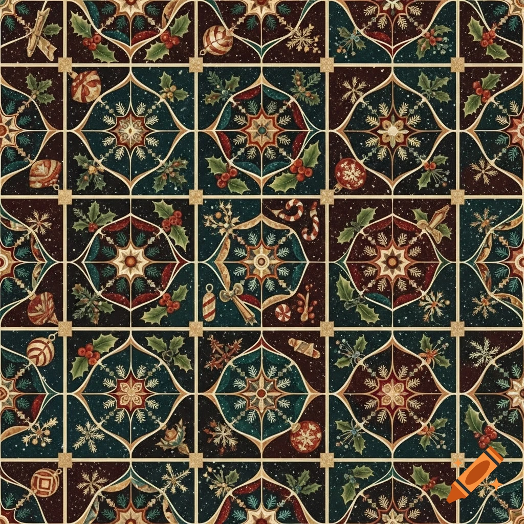 Holiday Tile Pattern Seamless Christmas pattern with square and curved tiles featuring holly ...