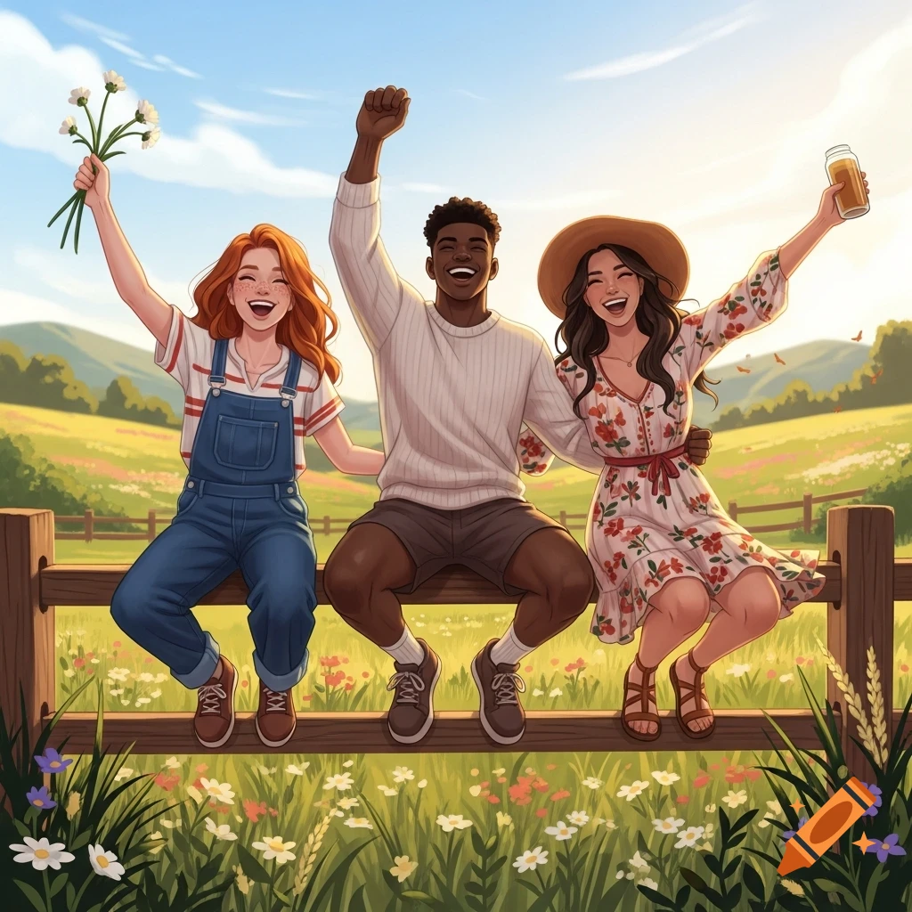 Three happy friends sitting on a wooden fence in a sunny, flower-filled field, raising their arms in a cheerful illustration.