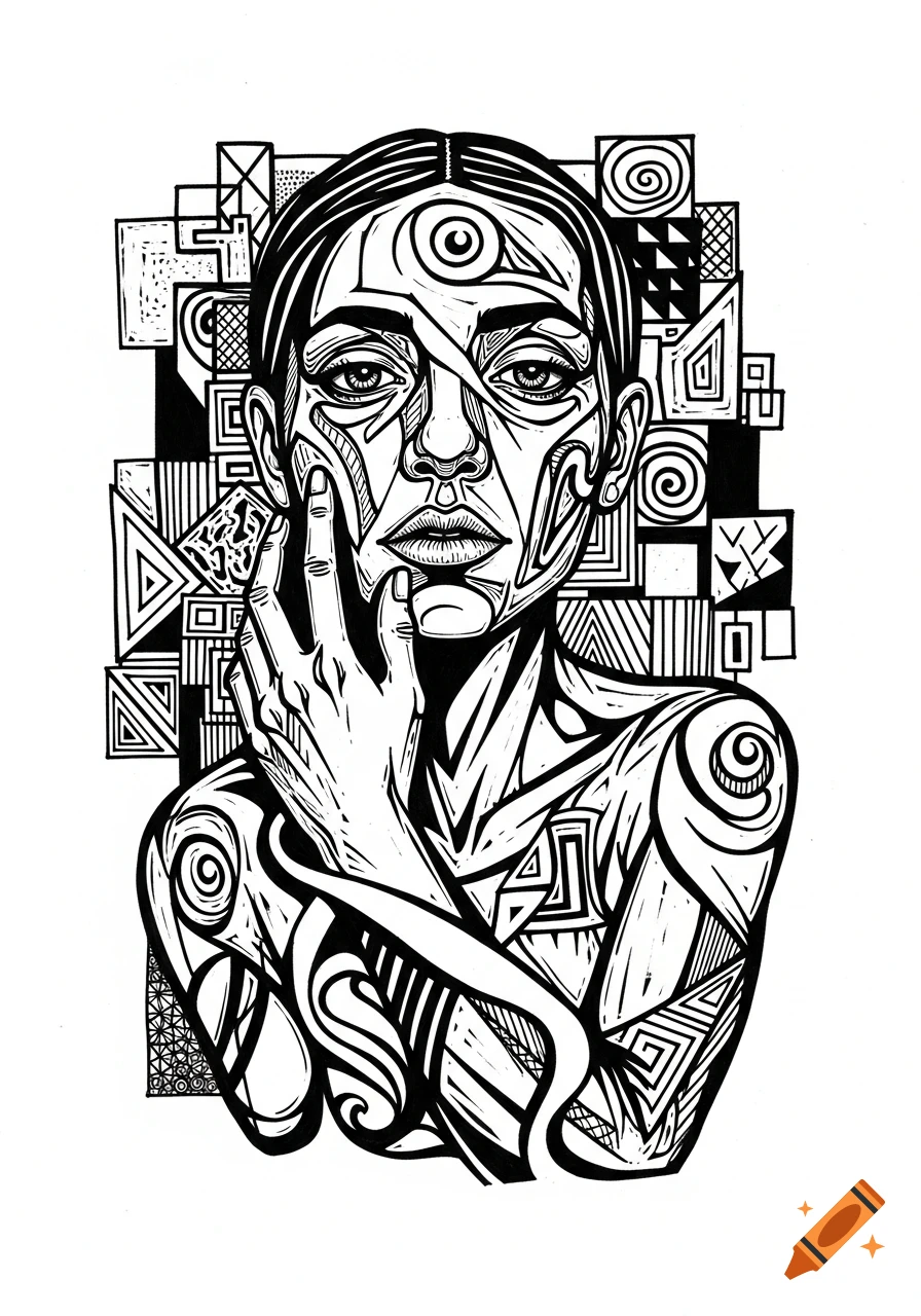 Black and white expressionistic linocut portrait of a person with highly stylized features and a hand touching their face, set against a geometric background.
