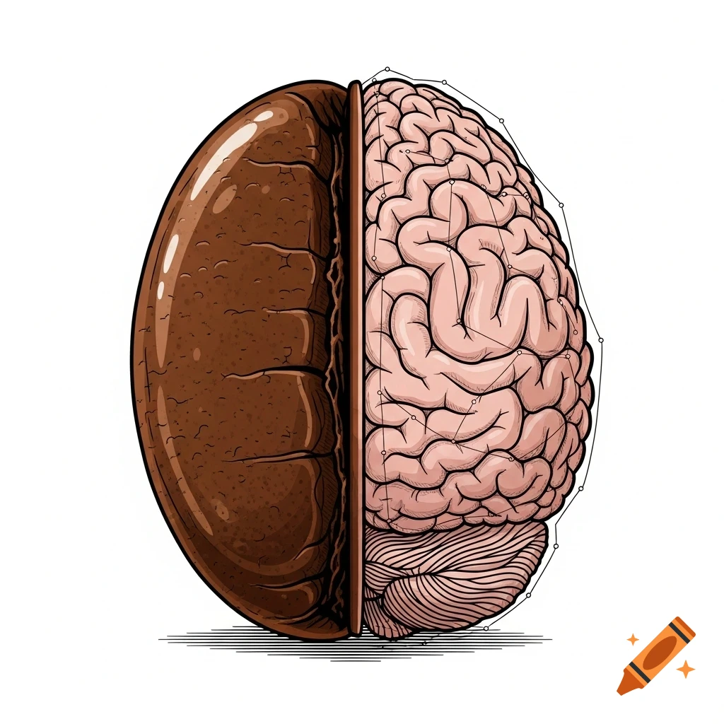 Vector illustration of a coffee bean and human brain hybrid, split down the middle on a white background.