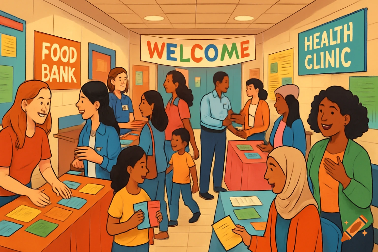 A diverse group of adults and children gather in a cartoon-style community center with signs for 'Food Bank', 'Welcome', and 'Health Clinic'.