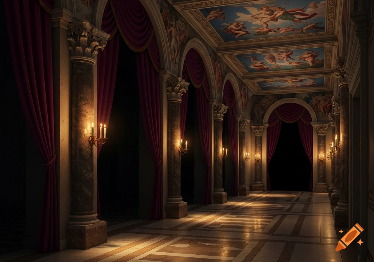 A long, ornate renaissance-style hallway with marble columns, velvet drapes, gilded sconces, and painted ceilings, illuminated by candlelight.