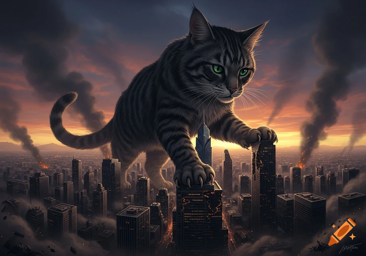 A giant tabby cat with glowing green eyes rampages through a city at sunset, crushing skyscrapers as smoke billows from destruction.