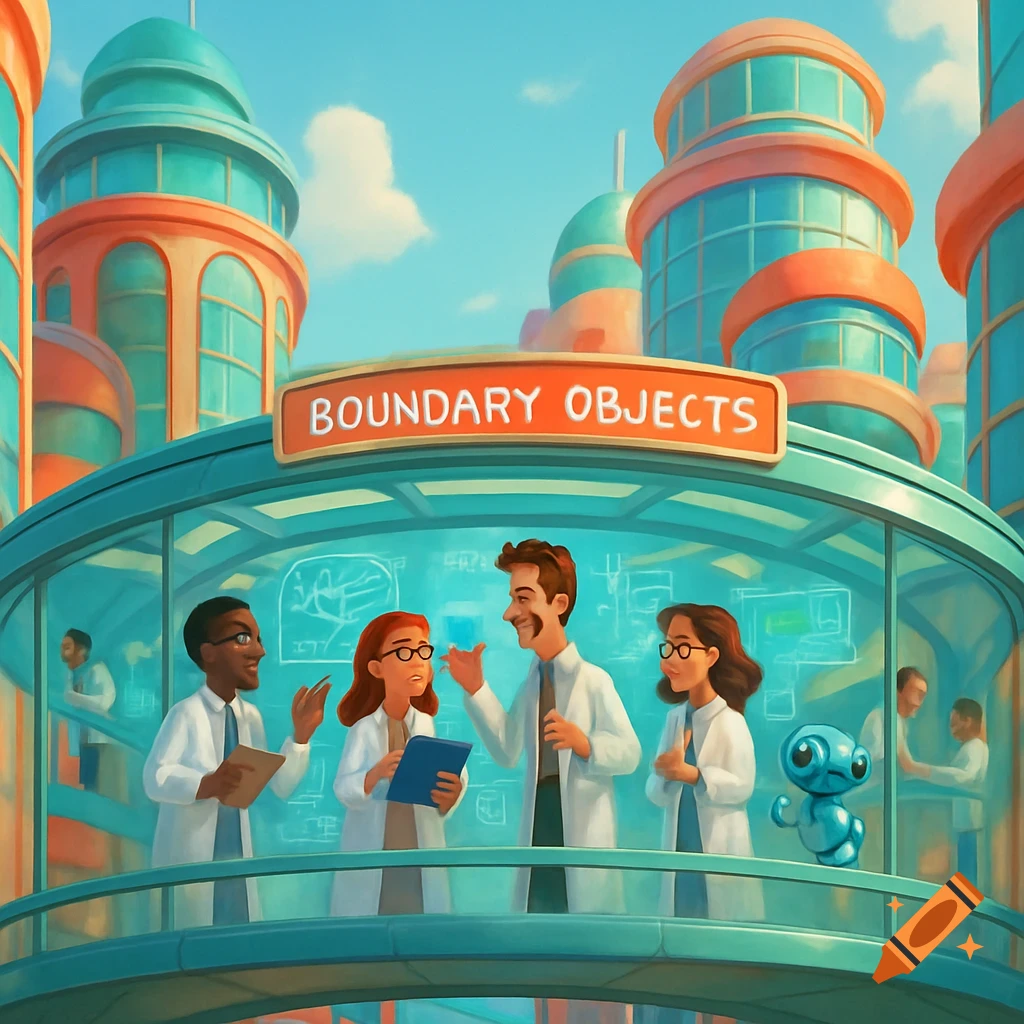 Cartoon scientists with a small robot on a bridge in a futuristic city with tall, colorful buildings, under a sign reading "BOUNDARY OBJECTS".
