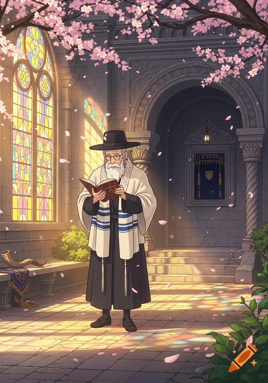 A bearded rabbi with a tallit and black hat reads a book outside a synagogue with stained glass windows under cherry blossoms, in Studio Ghibli style.