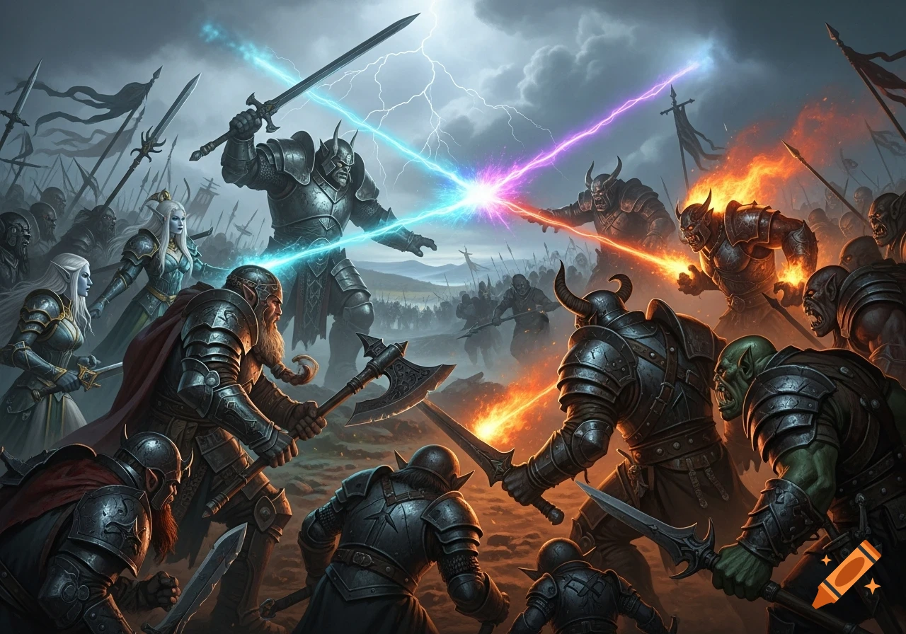 Epic fantasy battle with armored warriors, elves, and dwarves fighting orcs and demons with glowing swords, axes, and magic under stormy skies.