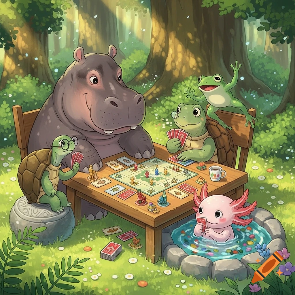 A hippopotamus, two turtles, a frog, and an axolotl are playing a board game in a lush Ghibli-style forest clearing.