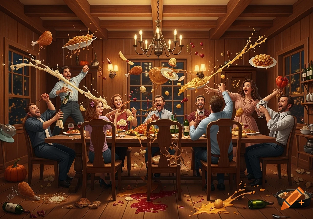 A chaotic Thanksgiving dinner in a rustic dining room with food and drinks flying, adults laughing amidst the festive mess.