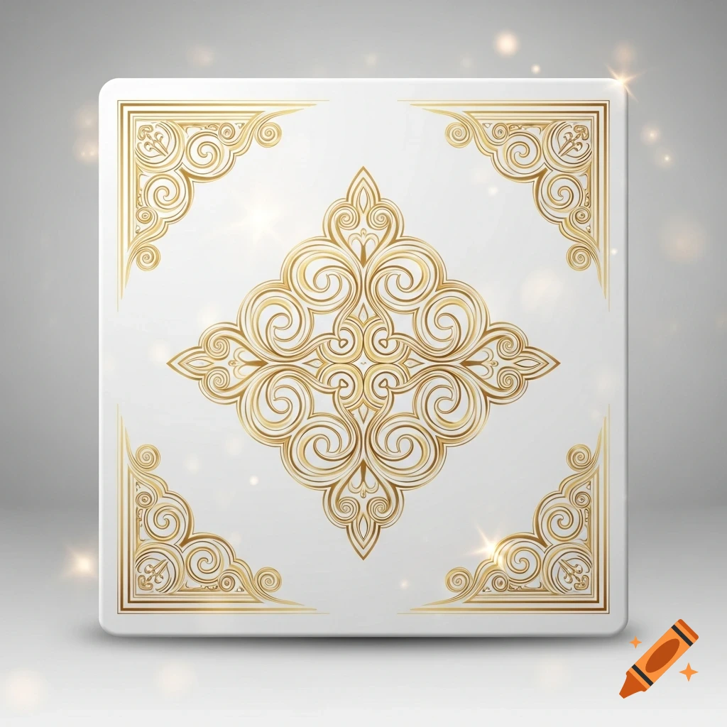A luxurious white square with intricate golden ornate scrollwork and corner accents, sparkling on a light grey background.