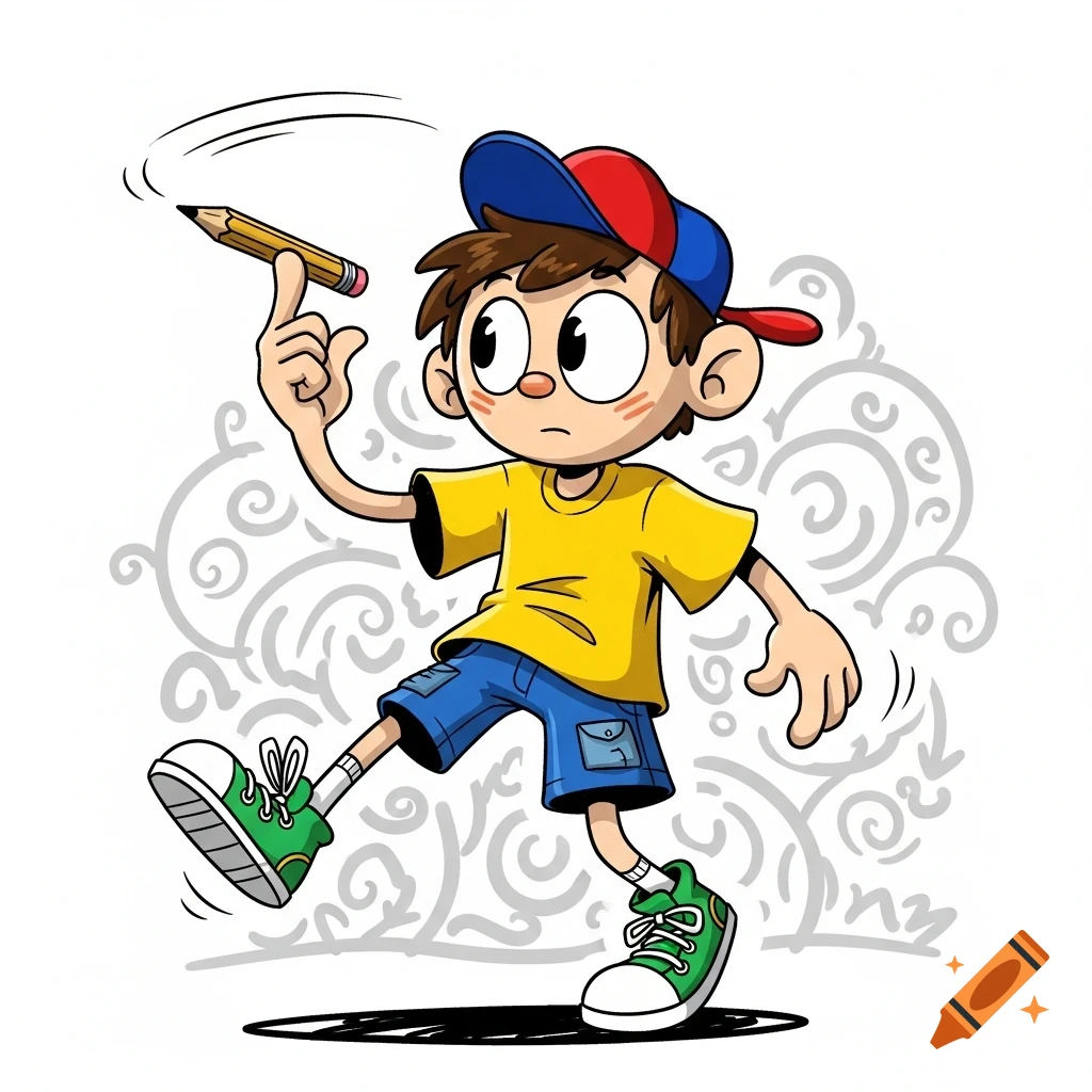 A cartoon boy with a red and blue cap, yellow shirt, blue shorts, and green shoes balances a pencil on his finger with a focused expression.