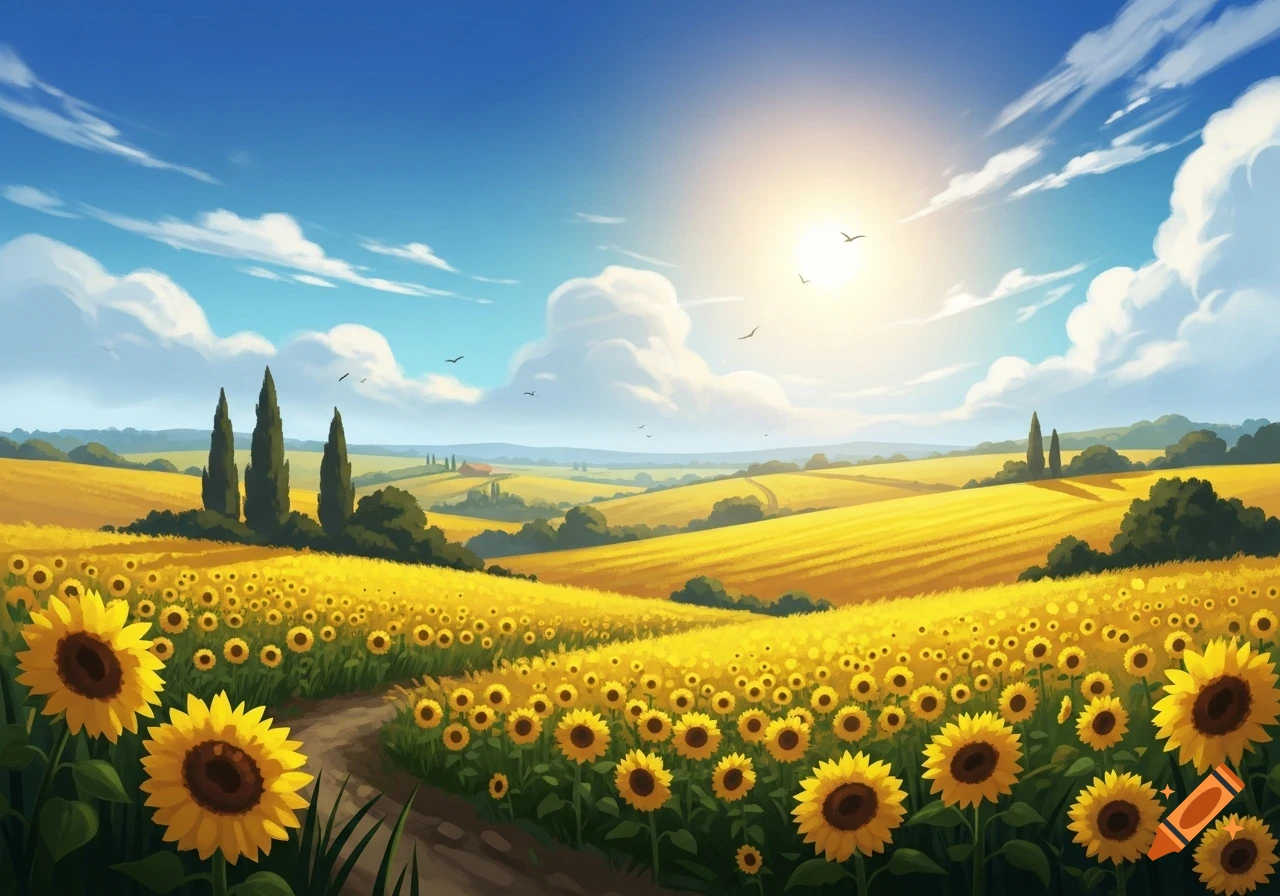 Vibrant sunflower field under a bright sunny sky, with a winding path ...