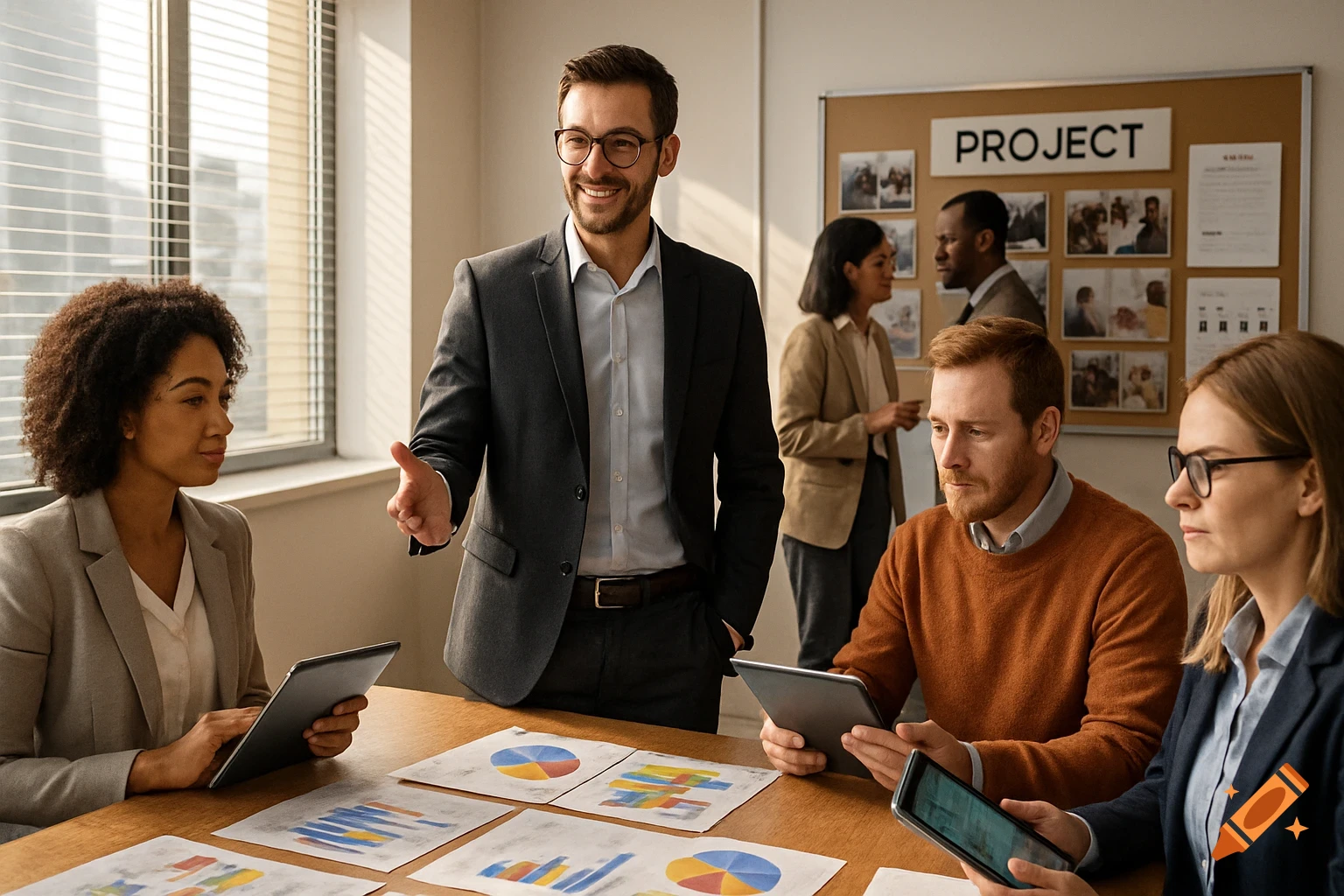 A diverse group of professionals in an office meeting, with charts on the table and a project board in the background.