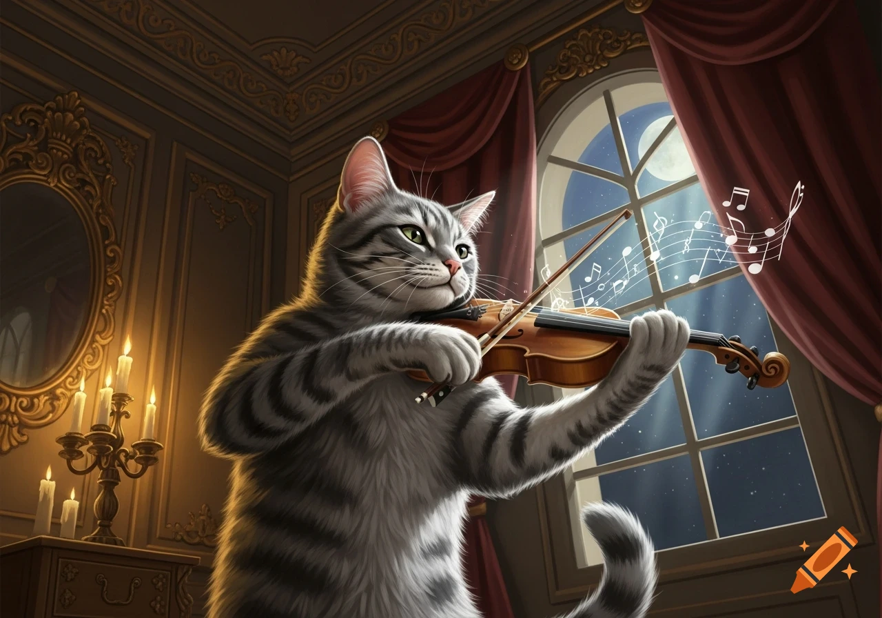 A grey tabby cat plays a violin in a candlelit, ornate room with a moonlit window, musical notes floating in the air.
