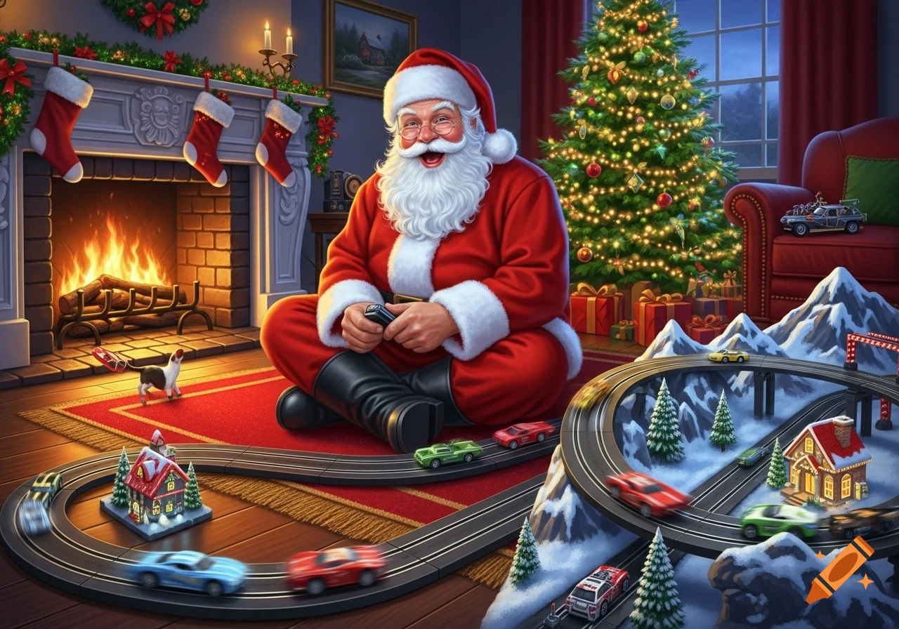 Santa Claus plays with a slot car track featuring miniature cars, houses, and snowy mountains in a cozy Christmas living room.