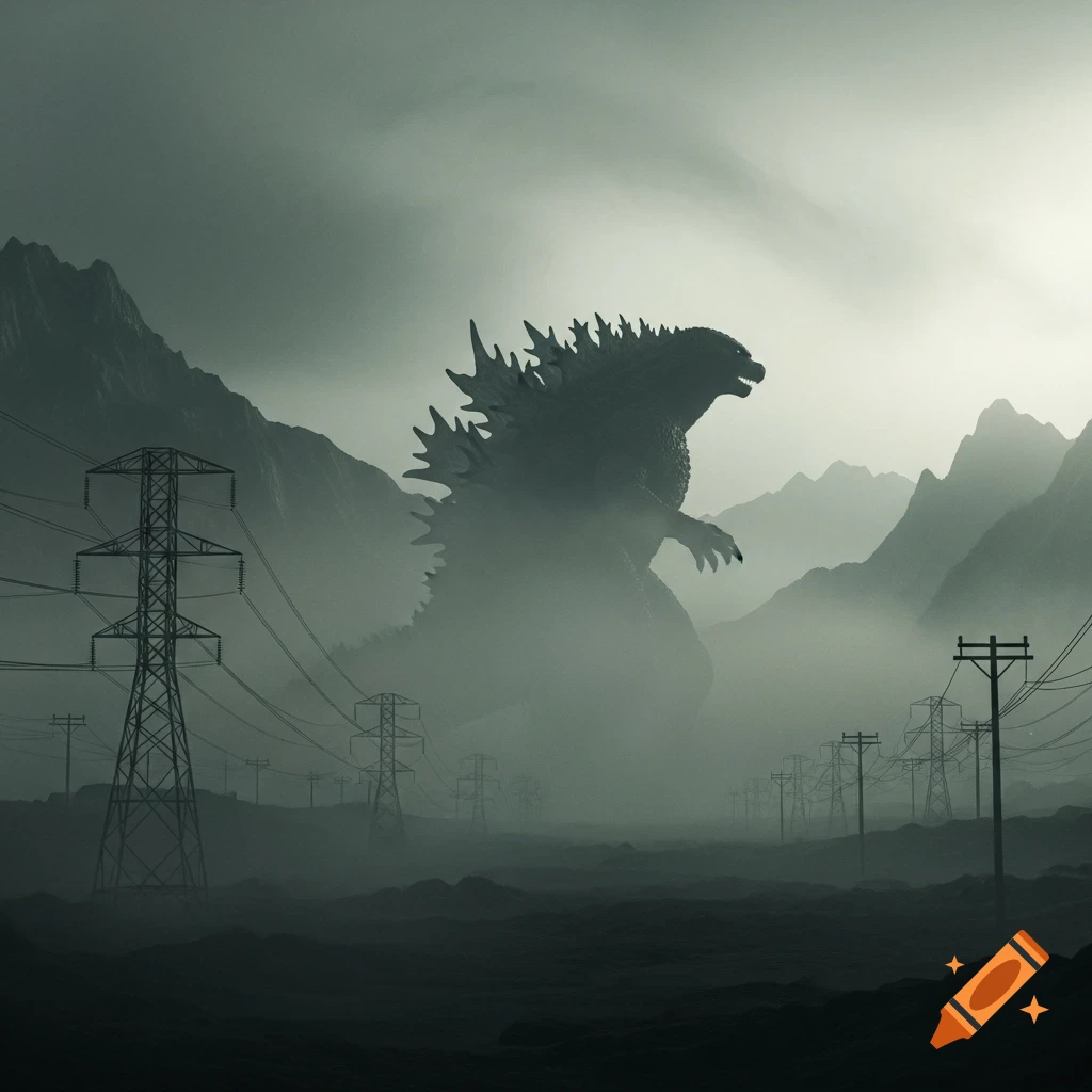 A colossal Godzilla-like monster looms in a foggy, grey-green mountain landscape with power lines, in a cinematic style.