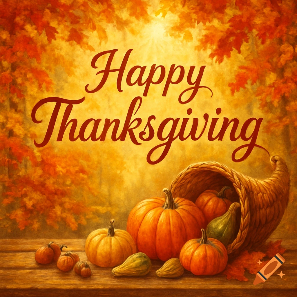 Happy Thanksgiving text in script font, over a cornucopia with pumpkins and gourds on a wooden table, autumn leaf background.