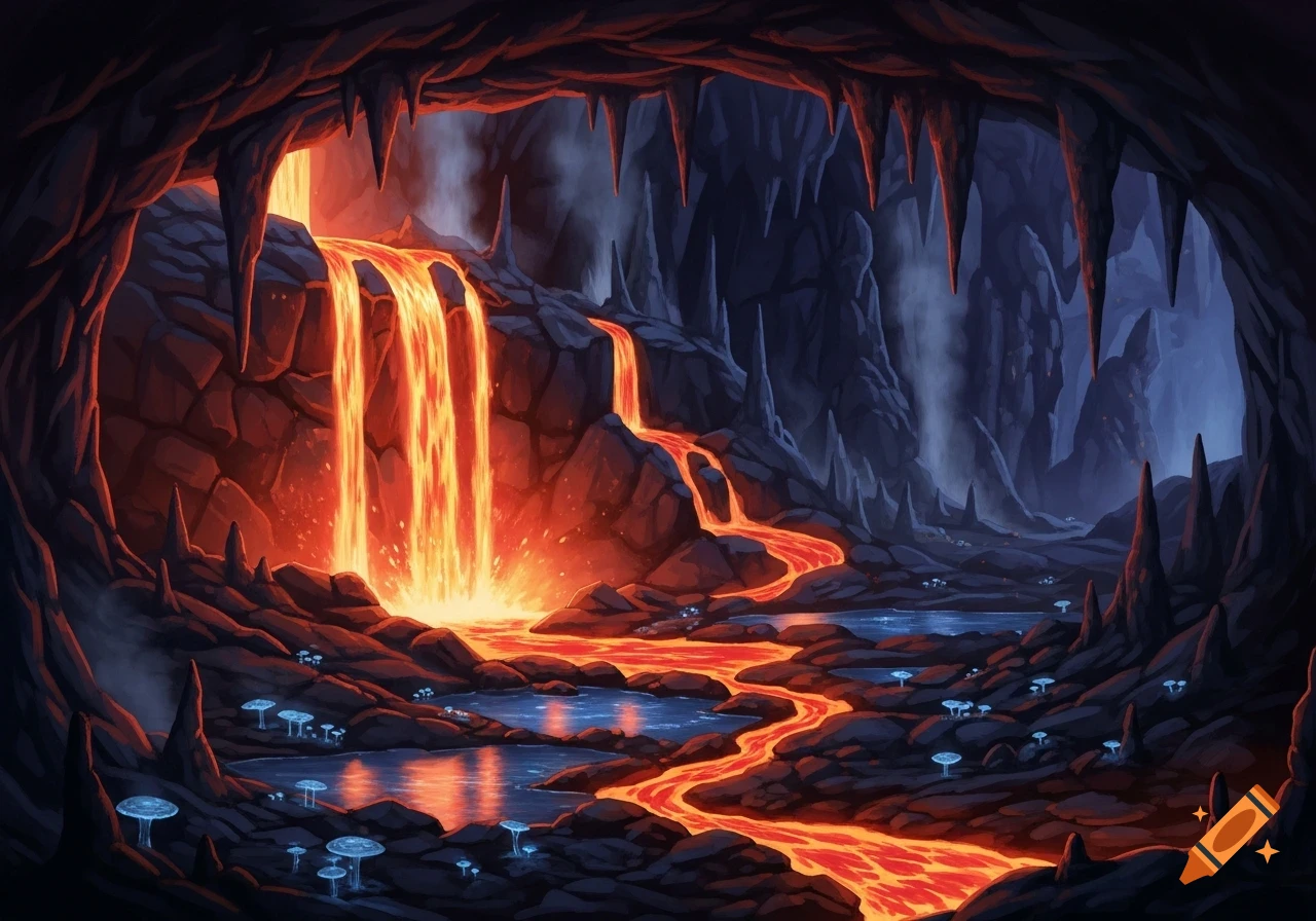A vibrant illustration of a fantasy underground cave with bright orange lava falls, glowing blue mushrooms, and serene reflective water pools.