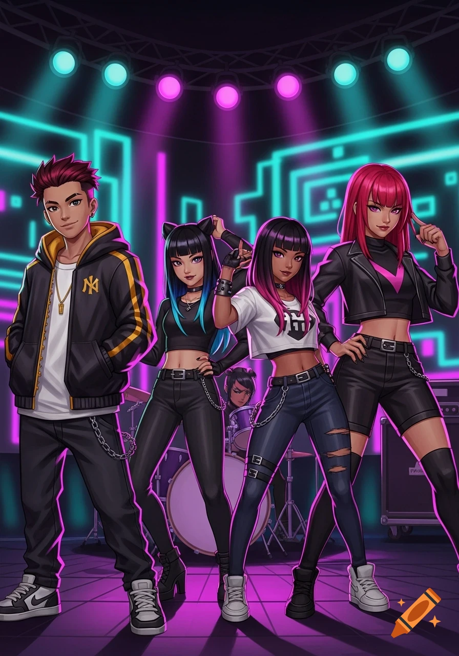 An anime band of one boy and three girls in streetwear poses on a stage with neon lights.