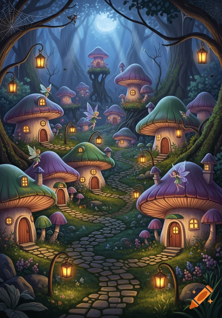Whimsical illustration of a fairy village in a magical forest at night, featuring glowing mushroom houses, lanterns, and tiny fairies.