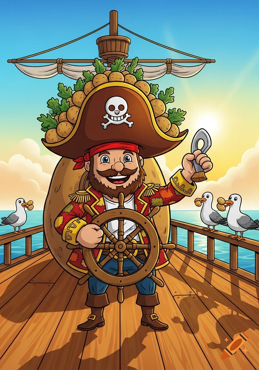 A cheerful cartoon pirate captain wearing a potato-filled tricorn hat, steering a ship's wheel on a sunny ocean with seagulls carrying potatoes.