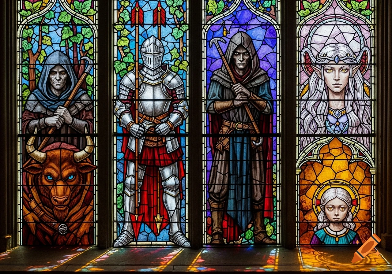 Vibrant stained glass window featuring a knight, hooded man, elven woman, minotaur, and a small child.