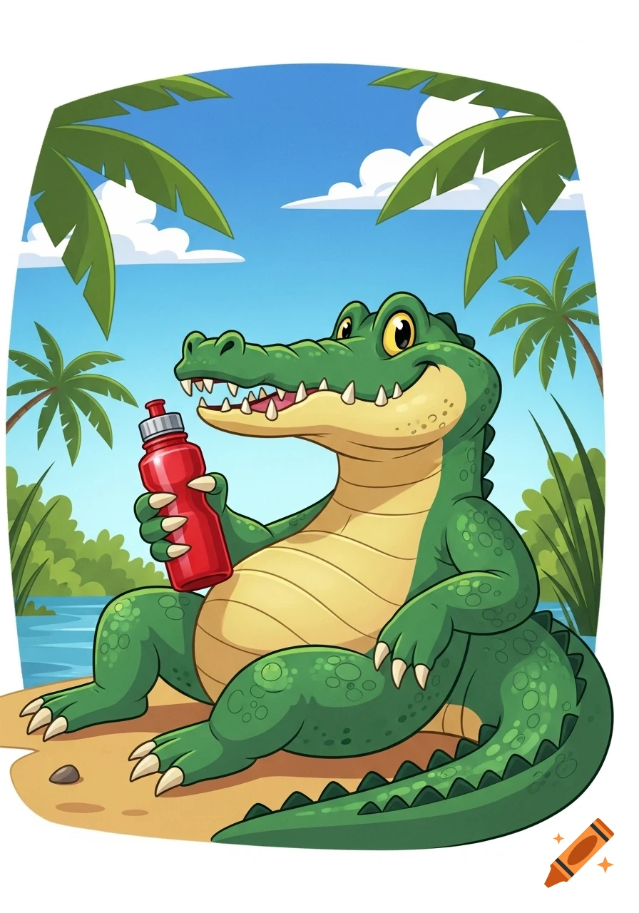 A cheerful cartoon alligator sits on a sandy bank, holding a red water bottle, with palm trees and a river in the background under a blue sky.