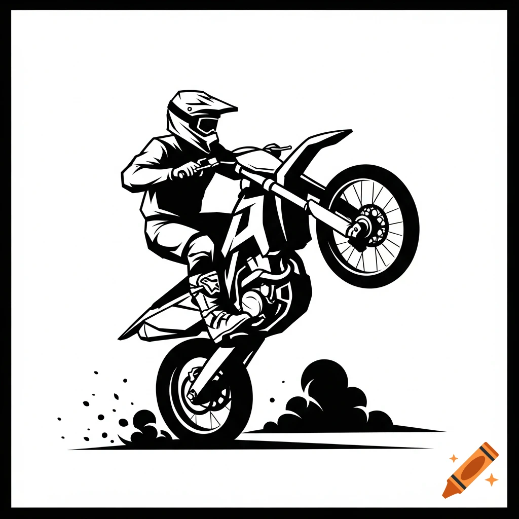 Black and white illustration of a motocross rider doing a wheelie, with dirt kicking up.