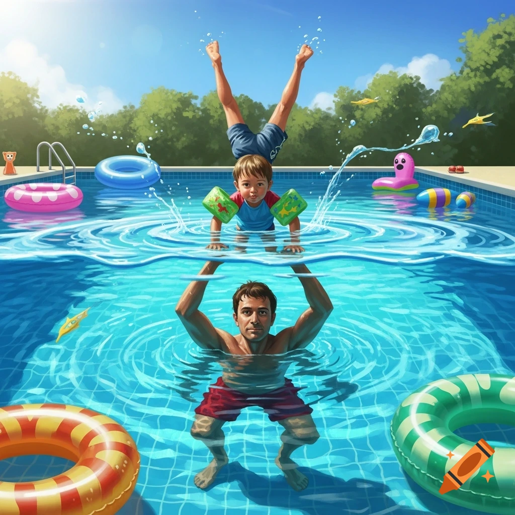 A father holds his young son upside down above the water in a sunny swimming pool, surrounded by colorful inflatable toys.