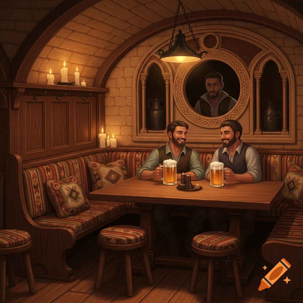 Two bearded men smile, holding beer mugs at a table in a cozy, dimly lit tavern. Another man looks from a circular window.